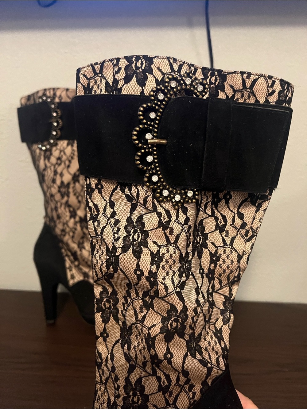 Hale Bob Black Lace-Overlay High Heel Knee Boot with Embellished Buckle - Picture 3 of 6